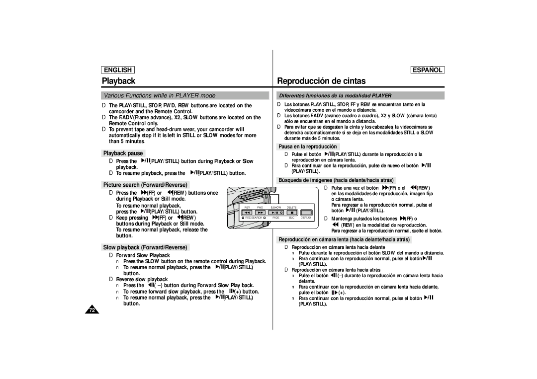 Samsung SCD87, SCD86 manual Playback pause, Picture search Forward/Reverse, Rew 