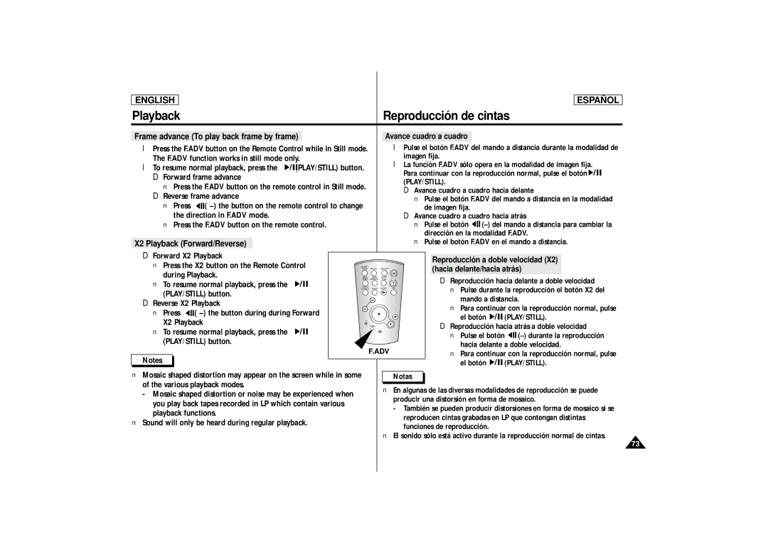 Samsung SCD86, SCD87 manual X2 Playback Forward/Reverse, Hacia delante/hacia atrás, Adv 