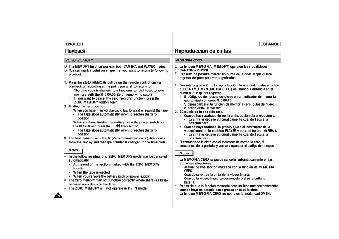 Samsung SCD87, SCD86 manual Zero Memory Memoria Cero 