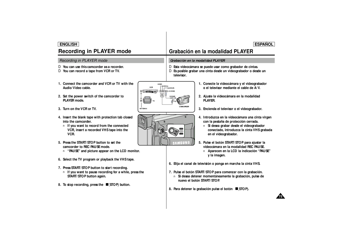 Samsung SCD86, SCD87 manual Recording in Player mode Grabación en la modalidad Player, Vcr 