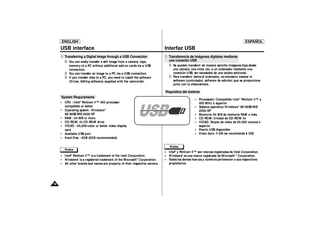 Samsung SCD87, SCD86 manual USB interface Interfaz USB, Una conexión USB 