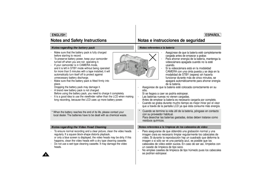 Samsung SCD87, SCD86 manual Notas referentes a la batería, Notas referentes a la limpieza de los cabezales de vídeo 