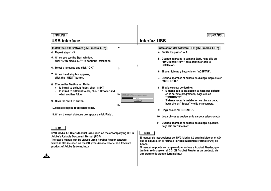 Samsung SCD87, SCD86 manual Install the USB Software DVC media 4.0 TM, Instalación del software USB DVC media 