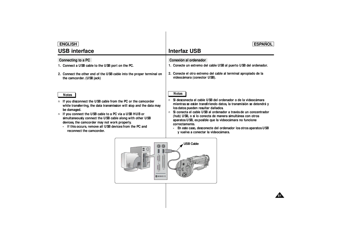 Samsung SCD86, SCD87 manual Connecting to a PC Conexión al ordenador, USB Cable 