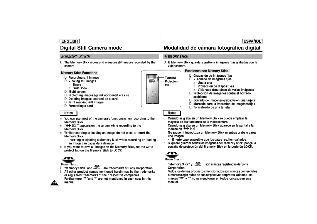 Samsung SCD87, SCD86 manual Funciones con Memory Stick, Terminal 