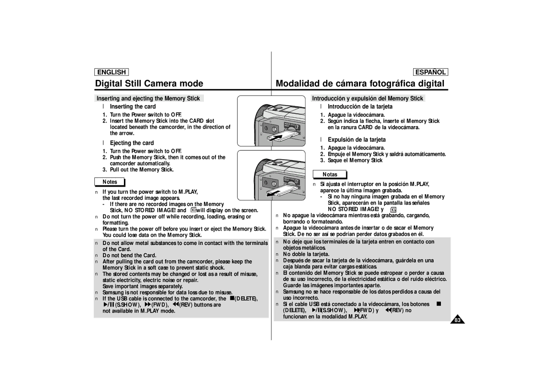 Samsung SCD86 manual Inserting the card Introducción de la tarjeta, Expulsión de la tarjeta Ejecting the card, Delete, Show 