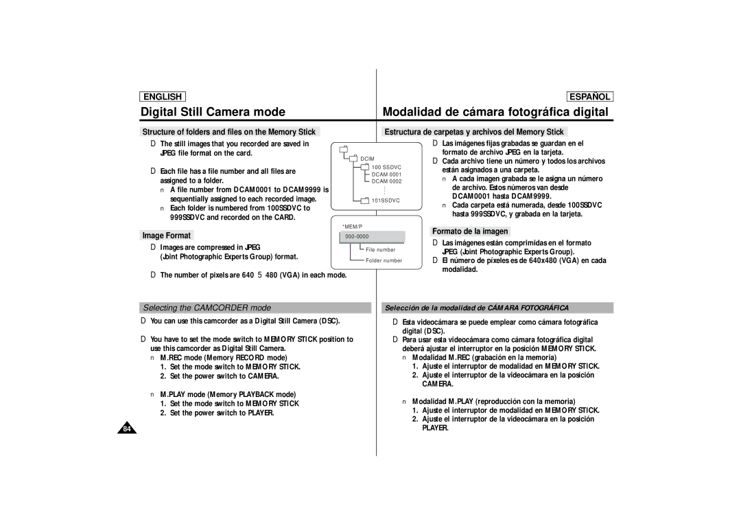 Samsung SCD87, SCD86 manual Selecting the Camcorder mode, Selección de la modalidad de Cámara Fotográfica, Image Format 