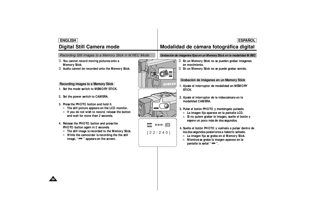 Samsung SCD87, SCD86 manual 2 4, Recording Still images to a Memory Stick in M.REC Mode 