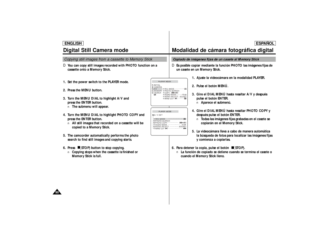 Samsung SCD87, SCD86 manual Copiado de imágenes fijas de un casete al Memory Stick, Stop 