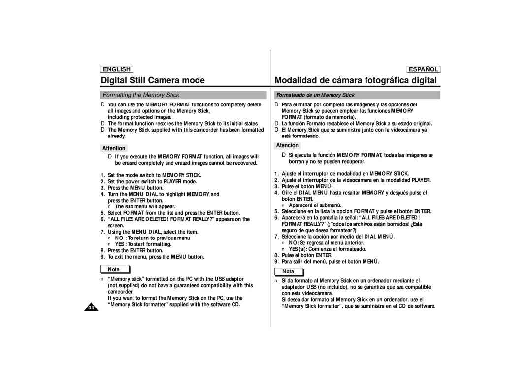 Samsung SCD87, SCD86 manual Formatting the Memory Stick Formateado de un Memory Stick, Atención 