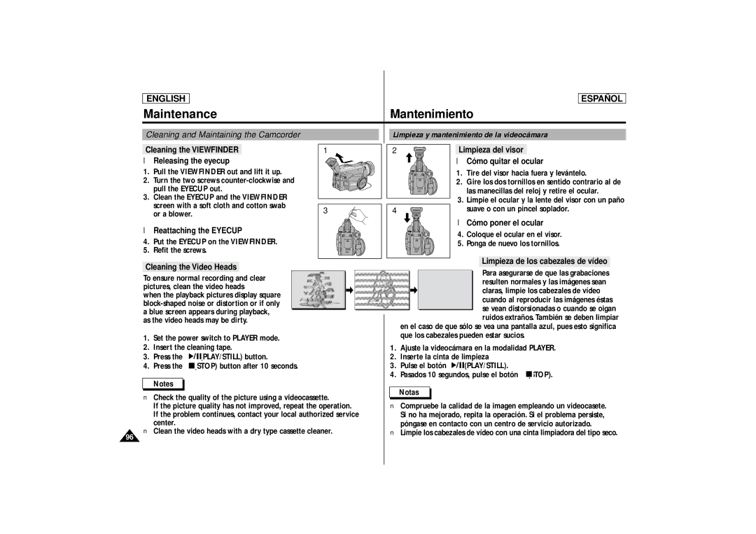 Samsung SCD87, SCD86 manual Cleaning the Viewfinder Releasing the eyecup, Reattaching the Eyecup, Cleaning the Video Heads 