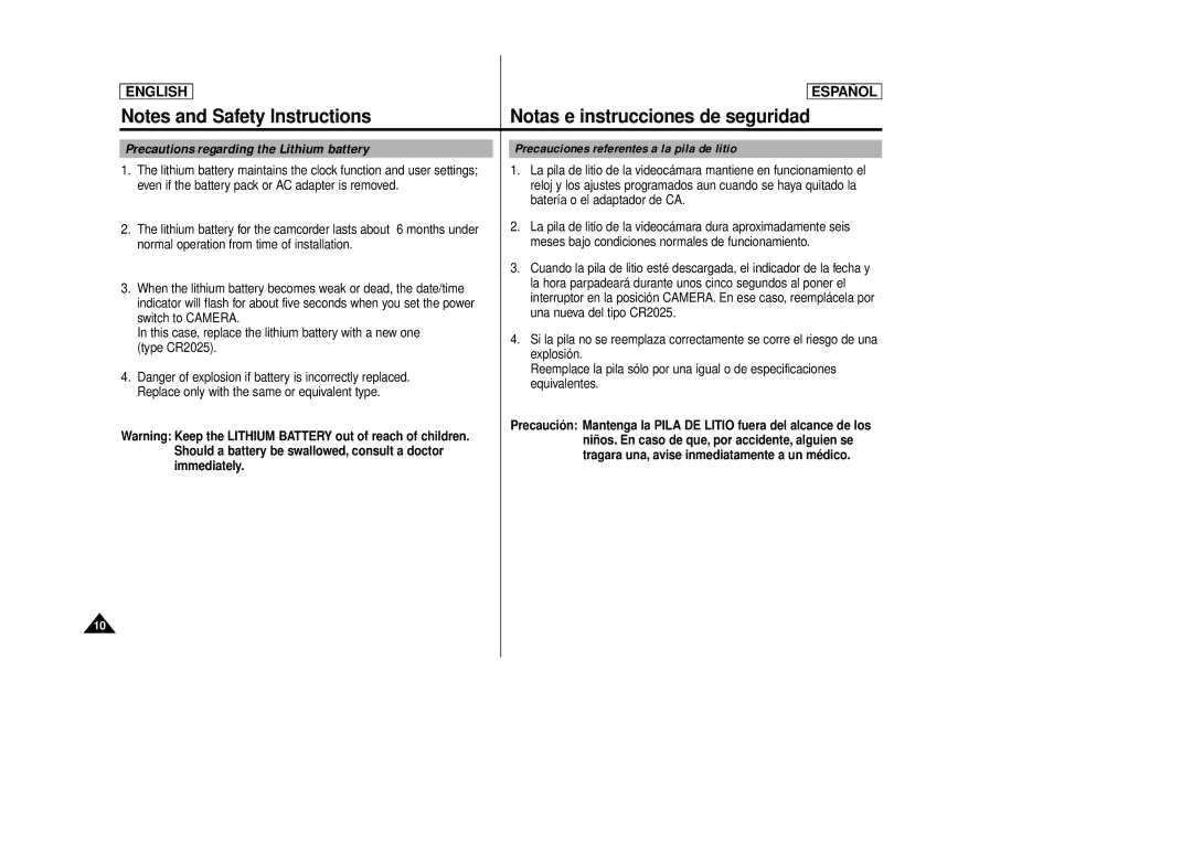 Samsung SCD87, SCD86 manual Notas e instrucciones de seguridad, Precauciones referentes a la pila de litio 