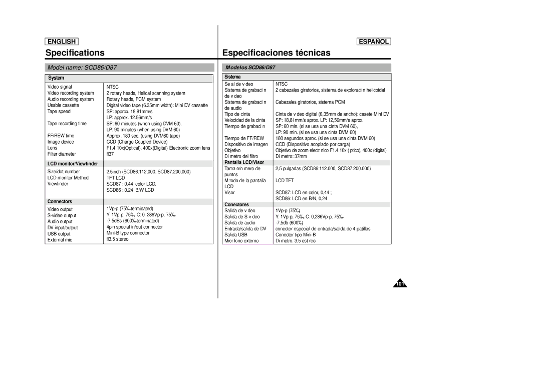 Samsung SCD87 manual Specifications, Especificaciones técnicas, Model name SCD86/D87, Modelos SCD86/D87 