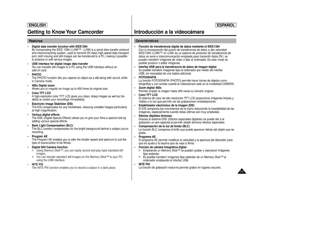 Samsung SCD86, SCD87 manual Getting to Know Your Camcorder, Features, Características 