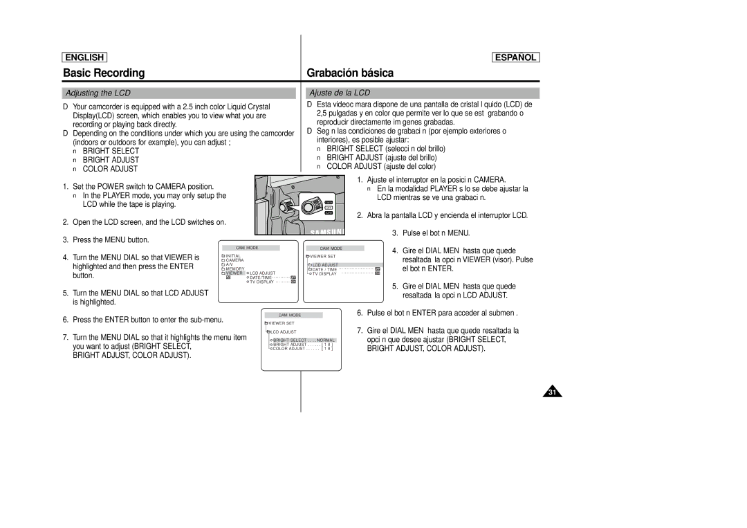 Samsung SCD86 Adjusting the LCD, Ajuste de la LCD, Bright Select Bright Adjust Color Adjust, Bright ADJUST, Color Adjust 