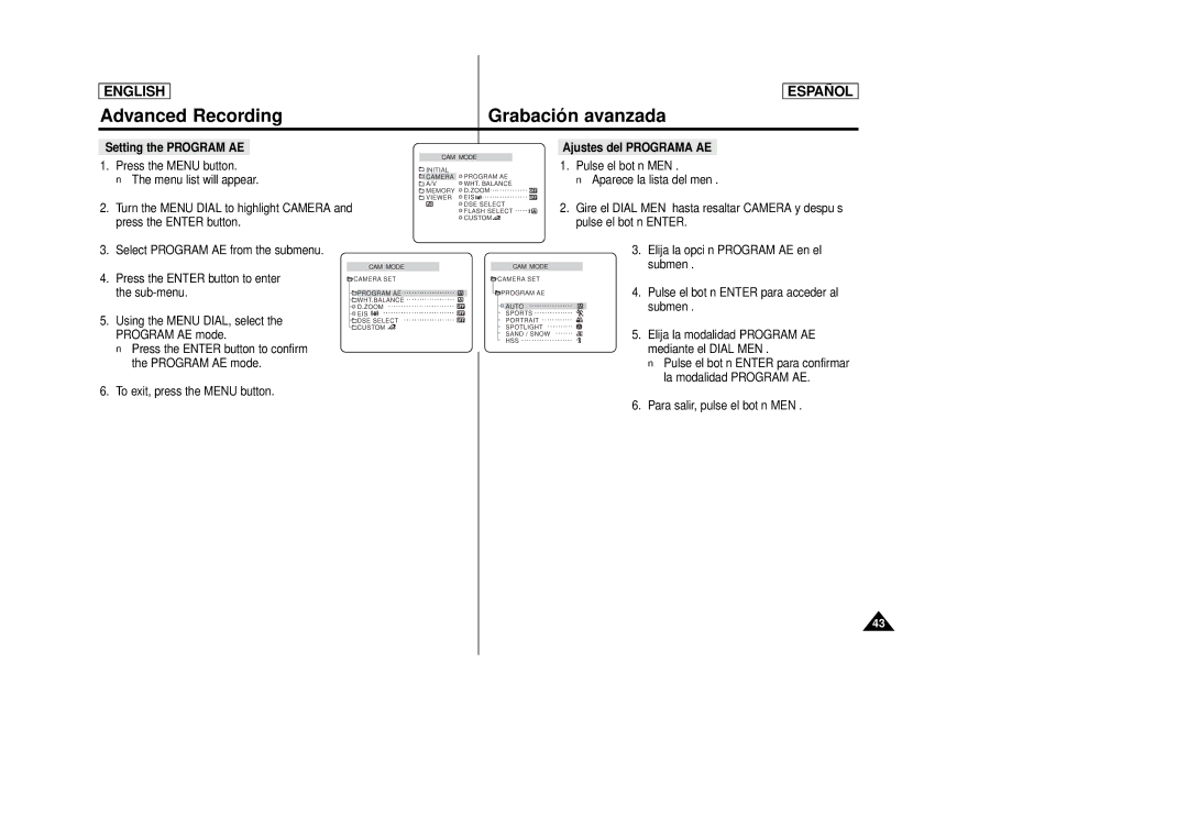 Samsung SCD86, SCD87 manual Setting the Program AE, Ajustes del Programa AE 