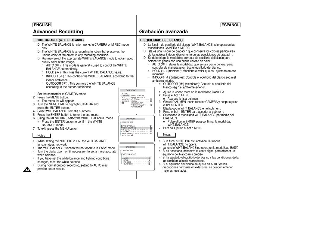 Samsung SCD87, SCD86 manual Equilibrio DEL Blanco, Indoor 