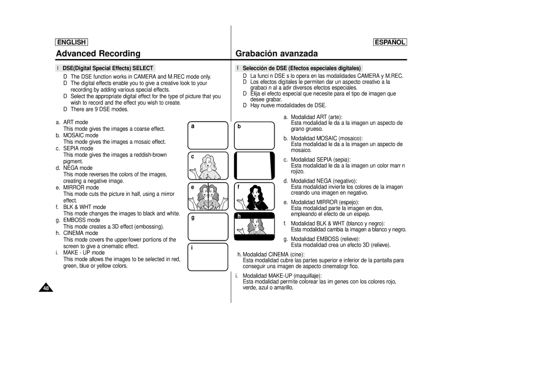 Samsung SCD87, SCD86 manual DSEDigital Special Effects Select, Selección de DSE Efectos especiales digitales 