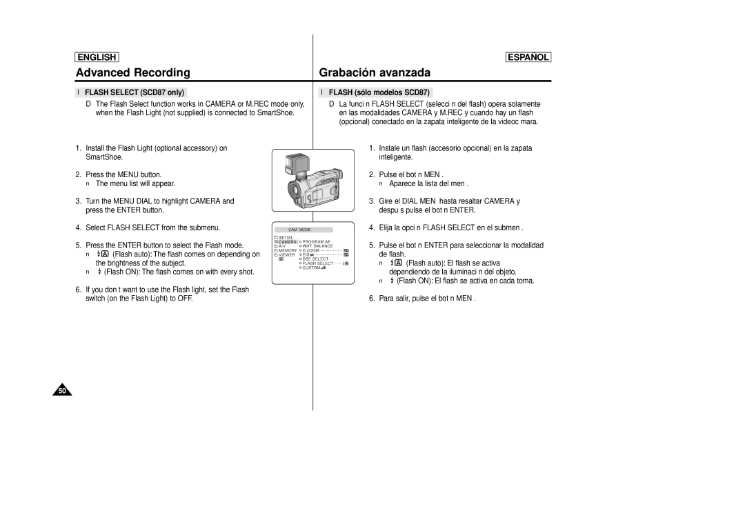 Samsung SCD86 manual Flash Select SCD87 only 