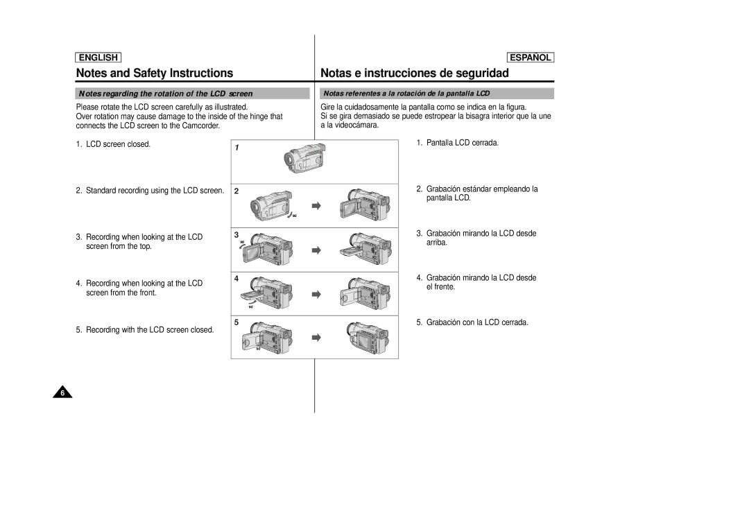 Samsung SCD87, SCD86 manual Notas e instrucciones de seguridad, Notas referentes a la rotación de la pantalla LCD 