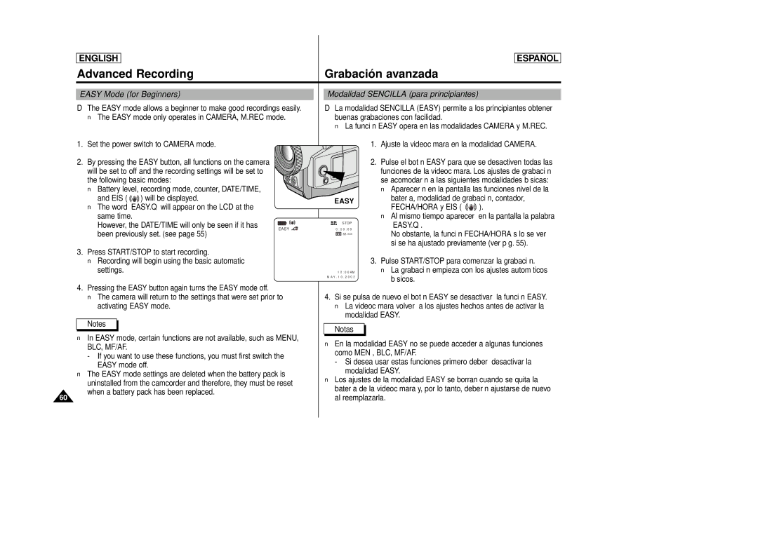 Samsung SCD87, SCD86 manual Easy Mode for Beginners, Modalidad Sencilla para principiantes, Easy.Q 