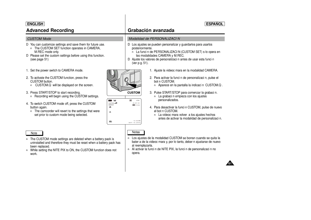 Samsung SCD86, SCD87 manual Custom Mode, Modalidad de Personalización 