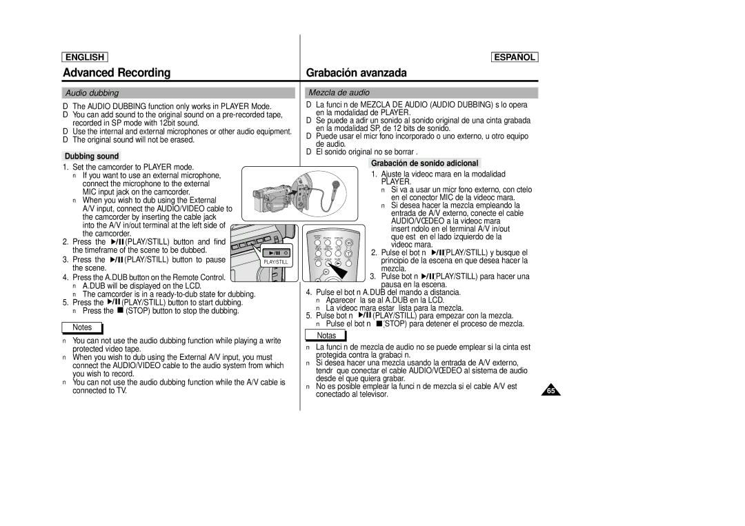 Samsung SCD86, SCD87 manual Audio dubbing, Mezcla de audio, Dubbing sound, Grabación de sonido adicional, Player 