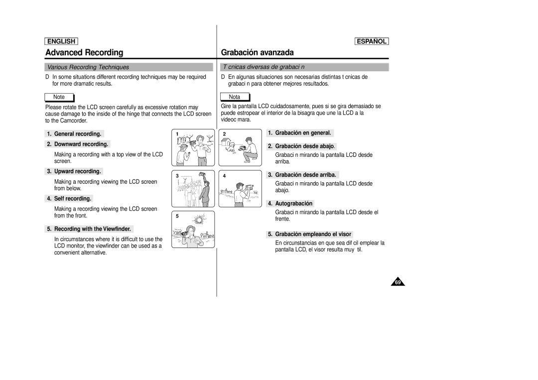 Samsung SCD86, SCD87 manual Various Recording Techniques, Técnicas diversas de grabación 