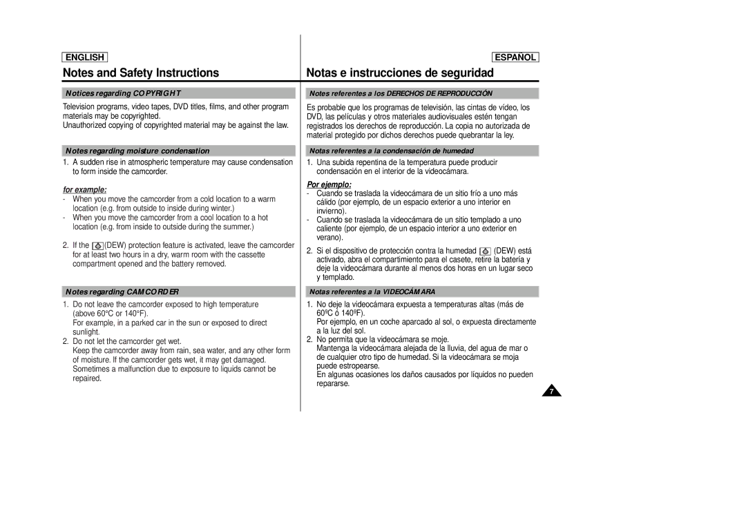 Samsung SCD86, SCD87 manual Notas e instrucciones de seguridad, Notas referentes a la condensación de humedad 