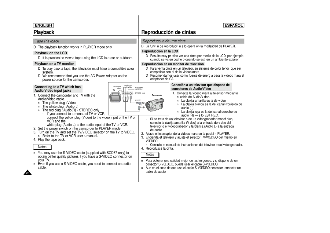 Samsung SCD87, SCD86 manual Tape Playback, Reproducción de una cinta 