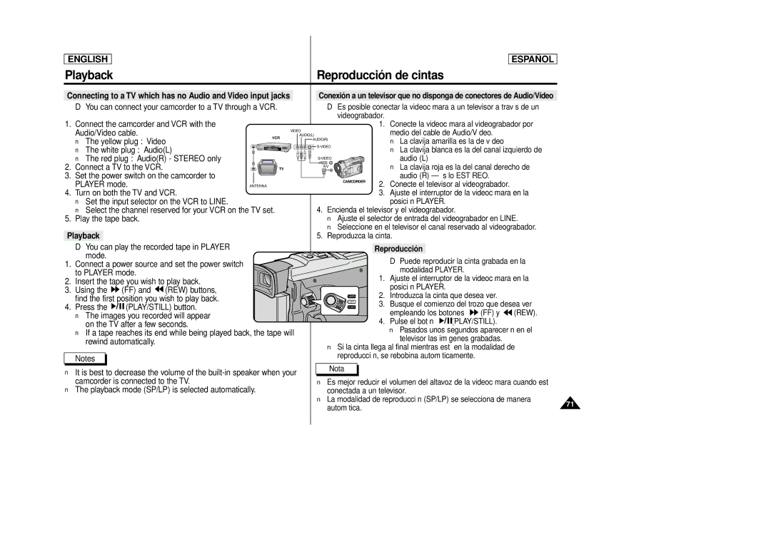 Samsung SCD86, SCD87 manual Connecting to a TV which has no Audio and Video input jacks, Playback, Reproducción 