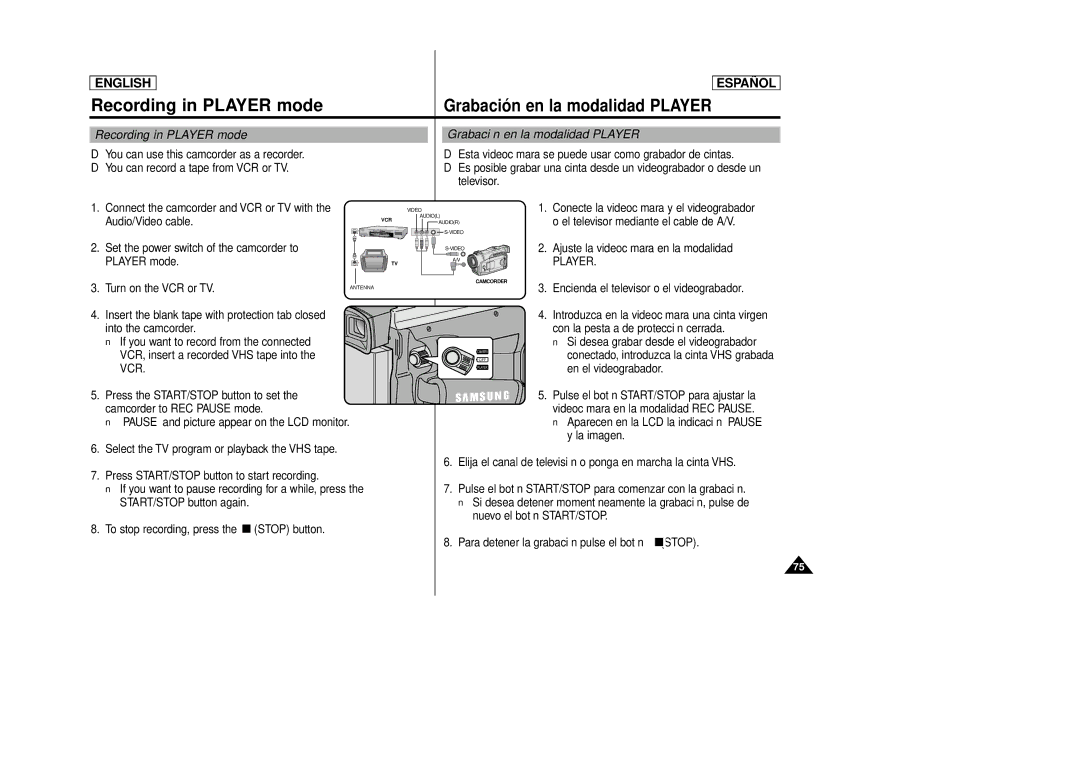 Samsung SCD86, SCD87 manual Recording in Player mode, Grabación en la modalidad Player, Vcr 