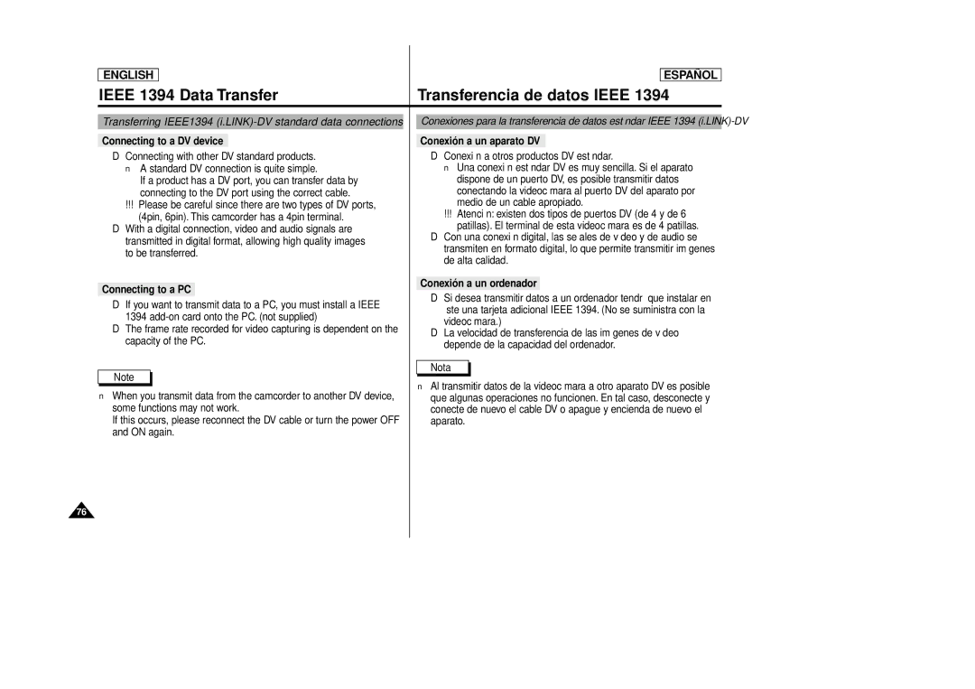 Samsung SCD87, SCD86 manual Ieee 1394 Data Transfer, Transferencia de datos Ieee 