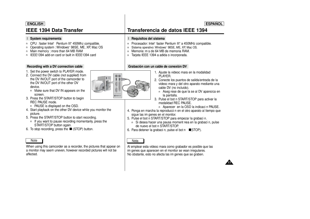 Samsung SCD86, SCD87 manual Ieee 1394 Data Transfer Transferencia de datos Ieee 