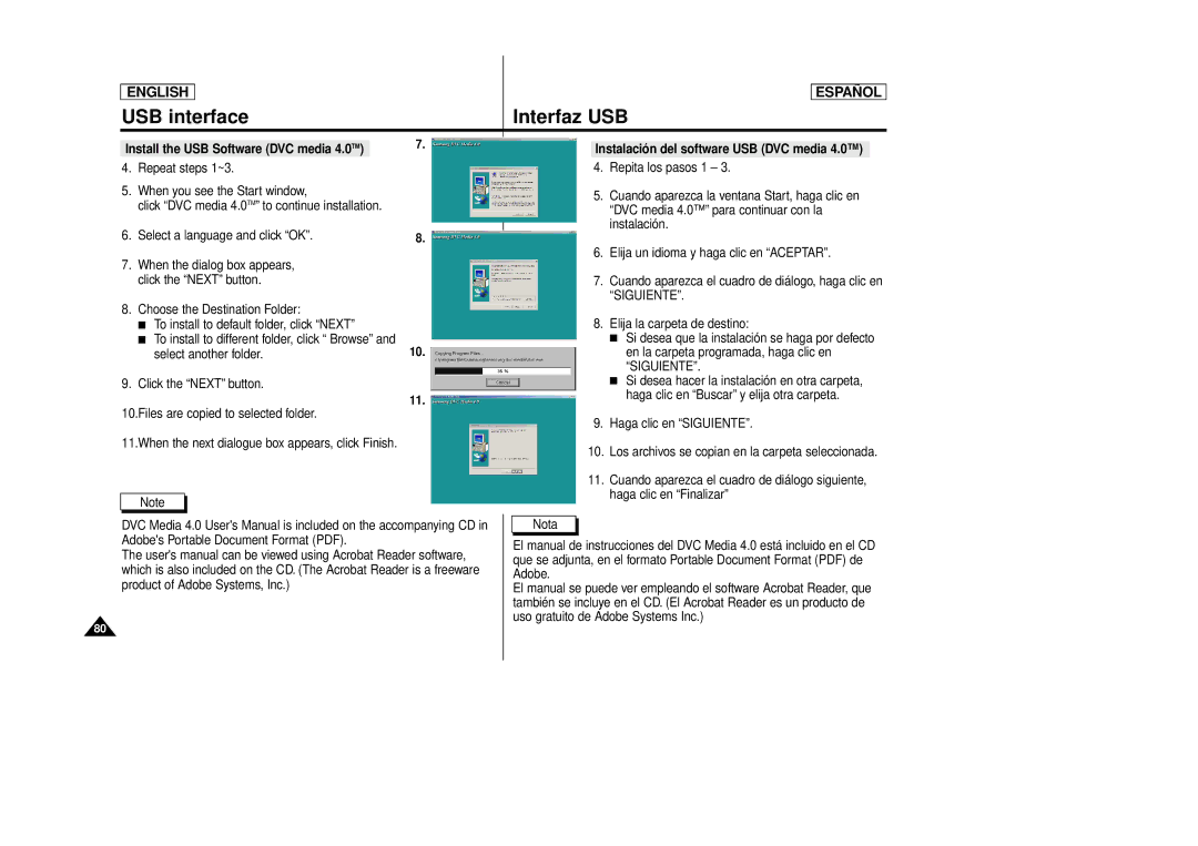 Samsung SCD87, SCD86 manual Install the USB Software DVC media 4.0 TM, Instalación del software USB DVC media 