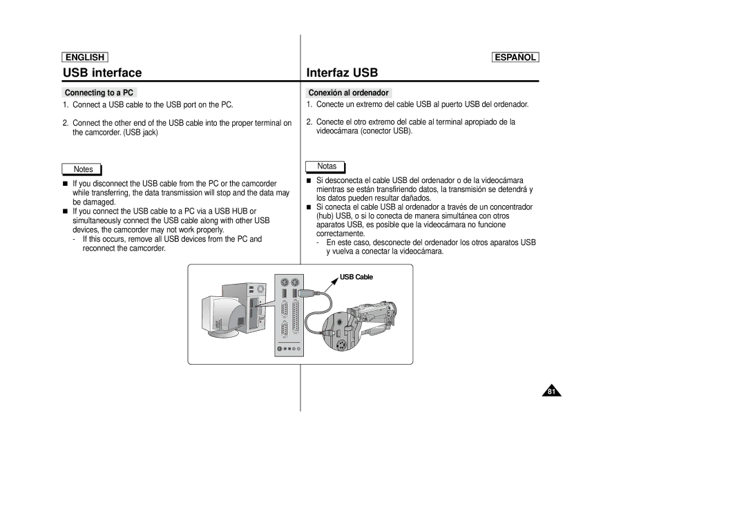 Samsung SCD86, SCD87 manual Conexión al ordenador, USB Cable 