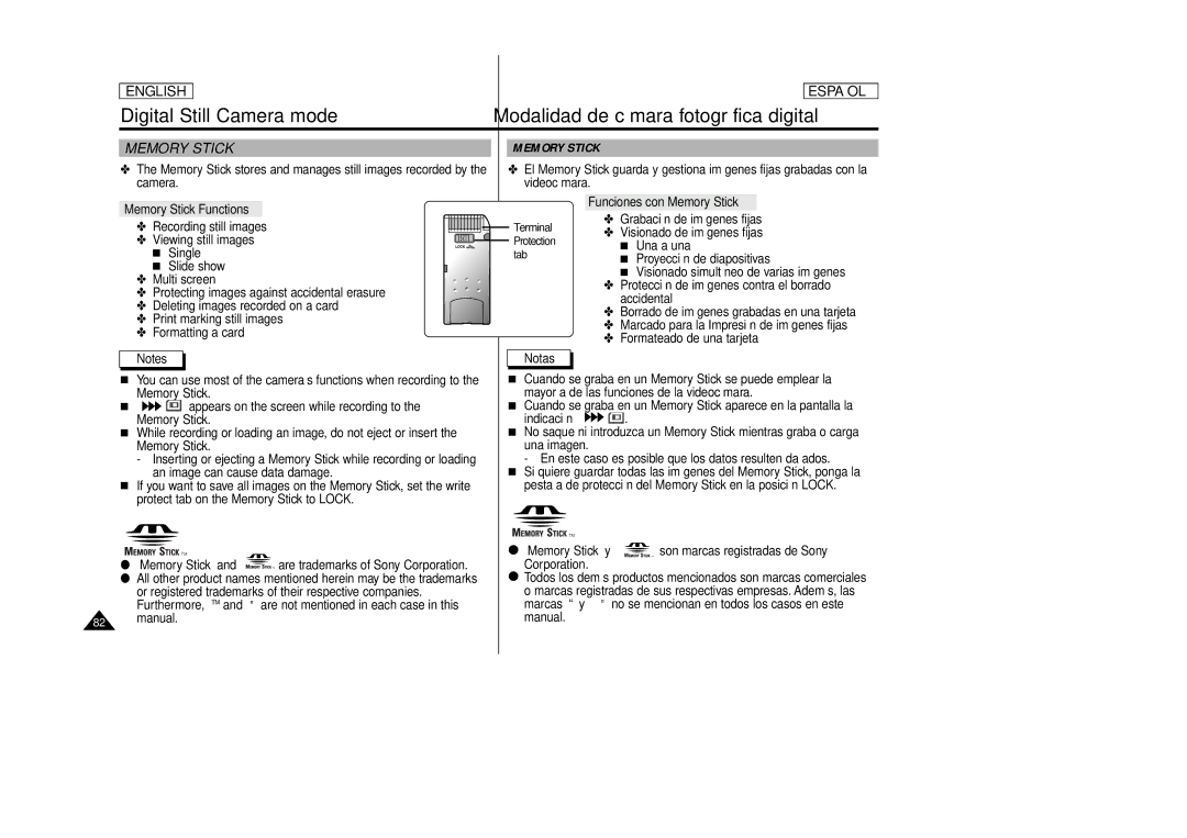 Samsung SCD87, SCD86 manual Memory Stick Functions, Funciones con Memory Stick Terminal 