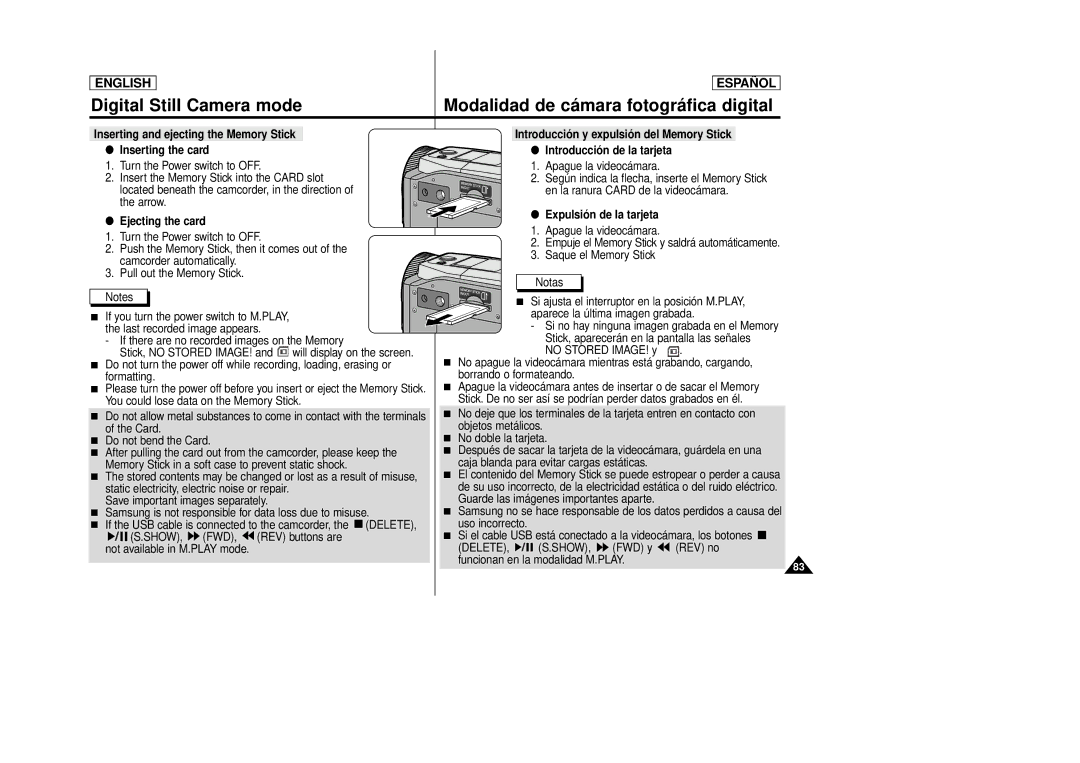 Samsung SCD86, SCD87 manual Digital Still Camera mode, Modalidad de cámara fotográfica digital, Ejecting the card 