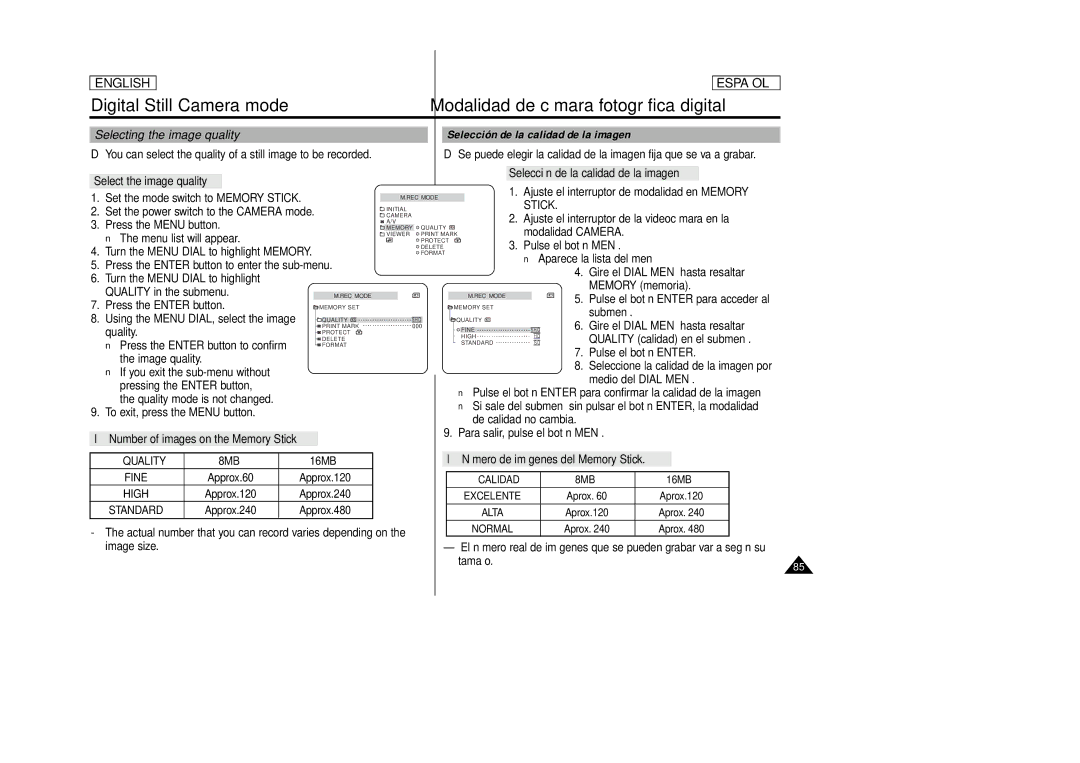 Samsung SCD86 Selección de la calidad de la imagen, Select the image quality, Quality, Número de imágenes del Memory Stick 