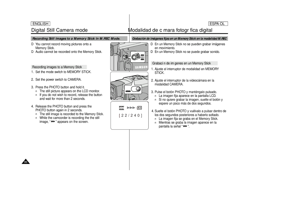 Samsung SCD87, SCD86 manual Recording Still images to a Memory Stick in M.REC Mode, Recording images to a Memory Stick 