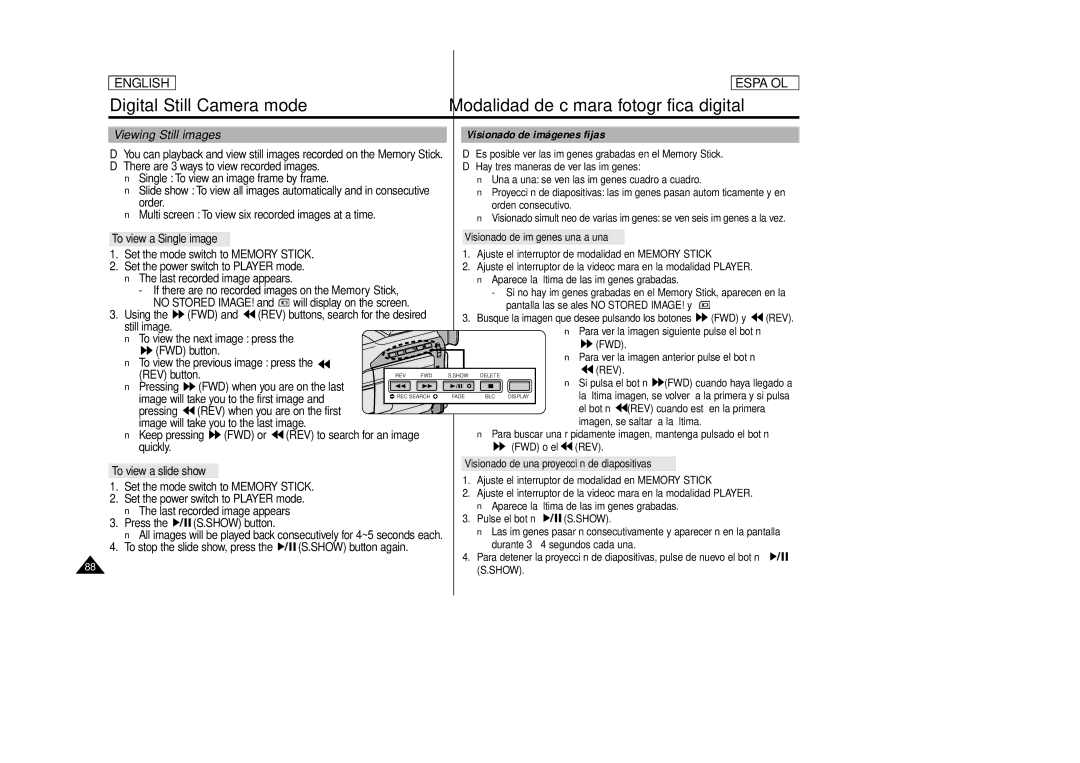 Samsung SCD87, SCD86 manual Viewing Still images Visionado de imágenes fijas, To view a Single image, To view a slide show 