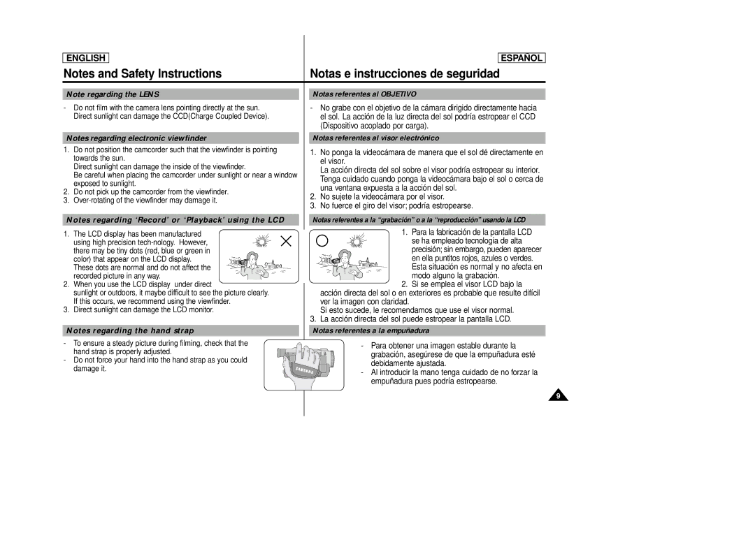 Samsung SCD86, SCD87 Notas referentes al Objetivo, Notas referentes al visor electrónico, Notas referentes a la empuñadura 