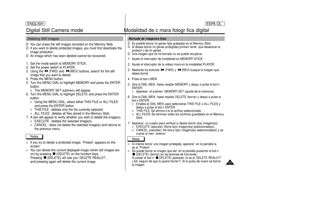 Samsung SCD86, SCD87 manual Deleting Still images Borrado de imágenes fijas 