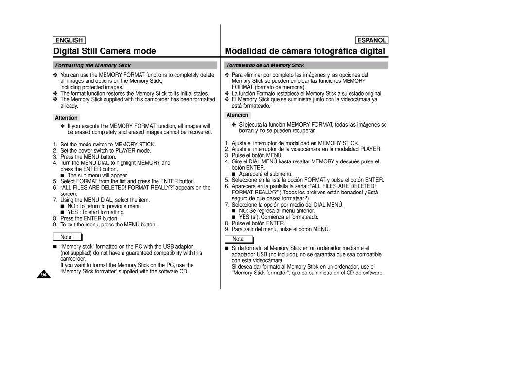 Samsung SCD87, SCD86 manual Formatting the Memory Stick, Formateado de un Memory Stick, Atención 