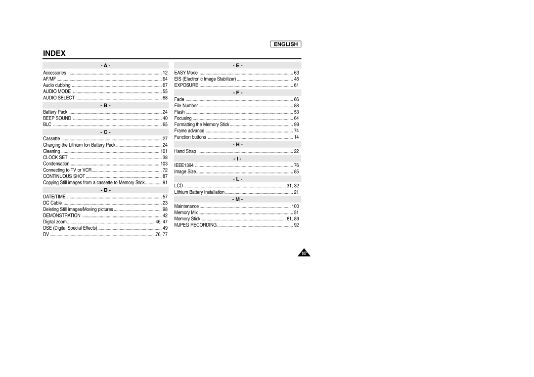 Samsung SCD903 manual Index 