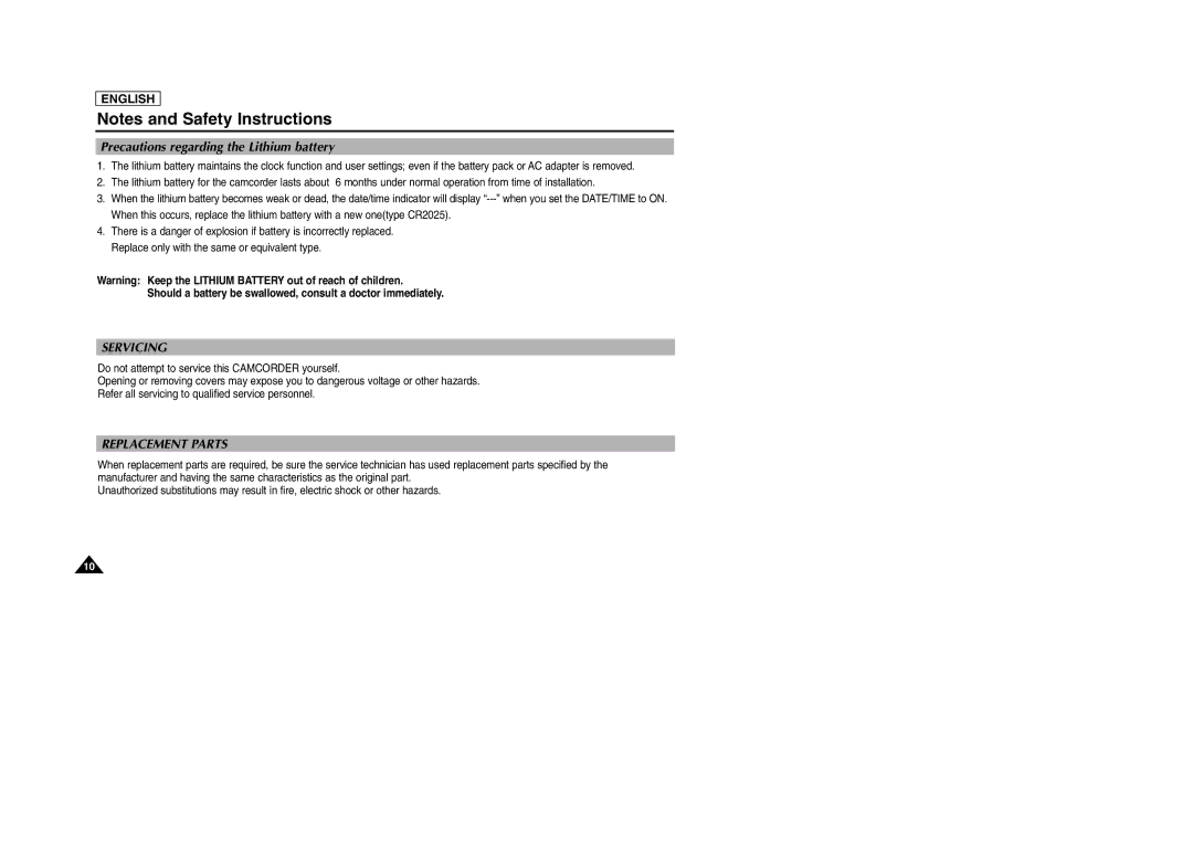 Samsung SCD903 Precautions regarding the Lithium battery, Should a battery be swallowed, consult a doctor immediately 