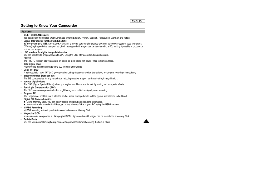 Samsung SCD903 manual Getting to Know Your Camcorder, Features, Multi OSD Language 