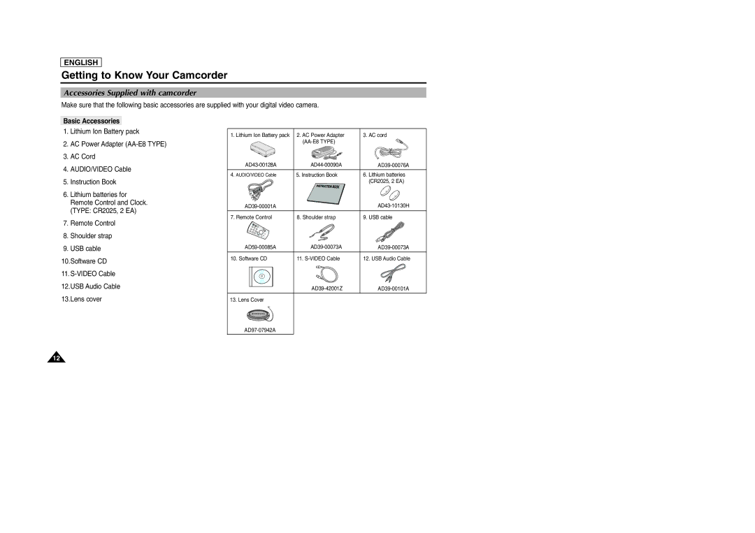 Samsung SCD903 manual Accessories Supplied with camcorder, Basic Accessories 