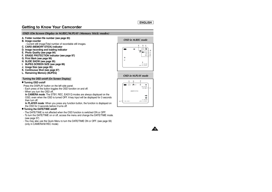 Samsung SCD903 manual OSD On Screen Display in M.REC/M.PLAY Memory Stick modes, Folder number-file number see Image counter 