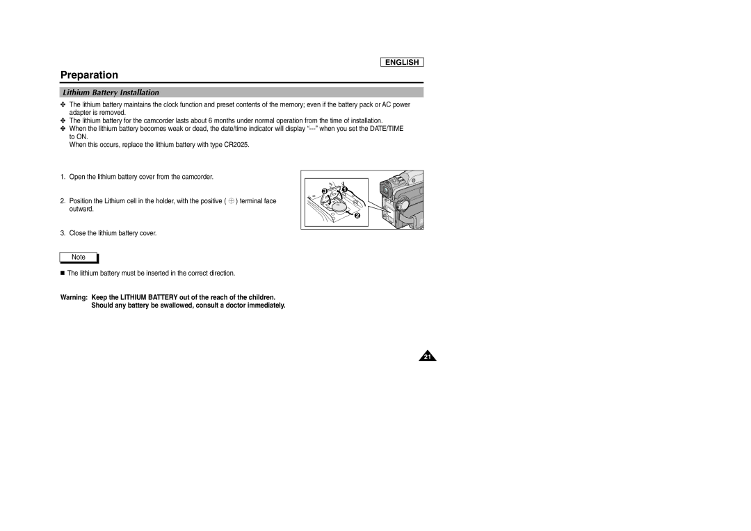 Samsung SCD903 manual Lithium Battery Installation 